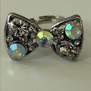 Vintage Silvertone Bow Ring with Colorful Aurora Borealis rhinestones adjustable